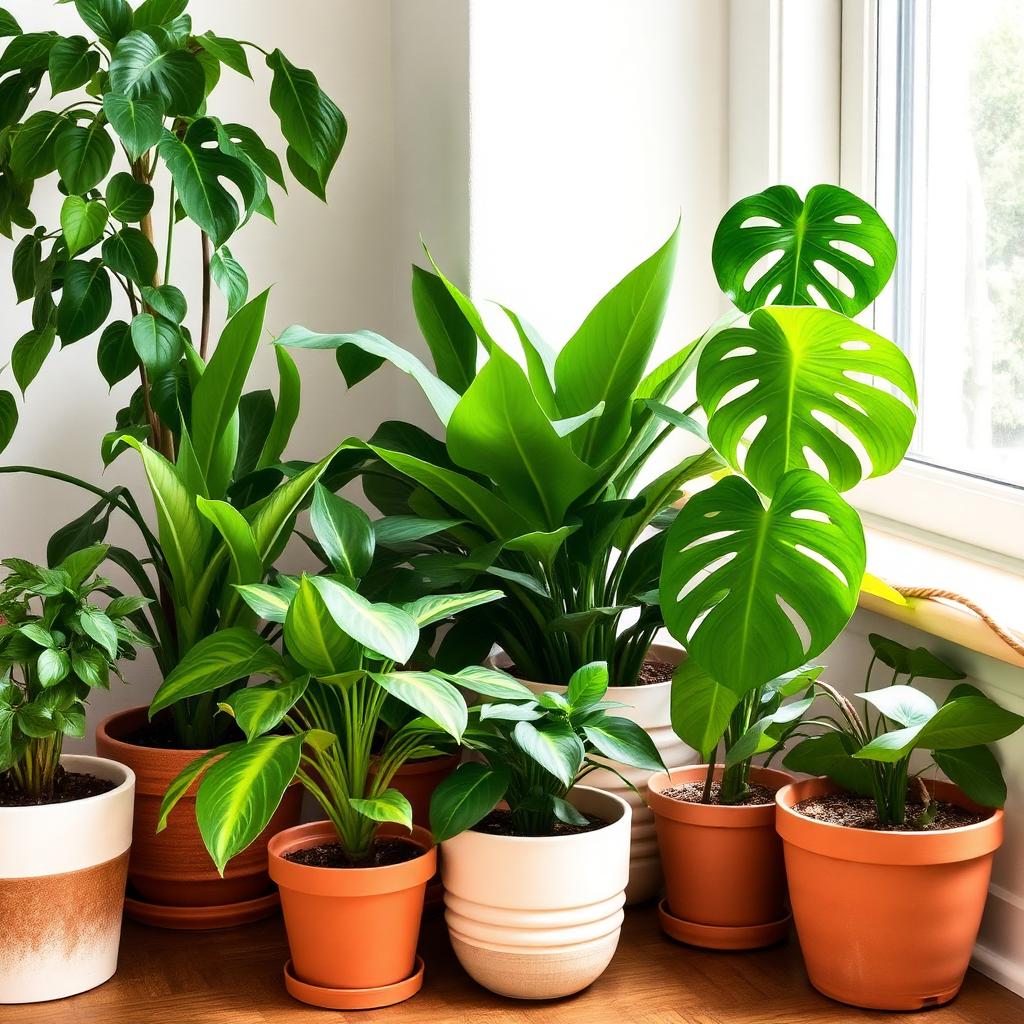 Lush collection of indoor plants in terracotta pots on a wooden shelf