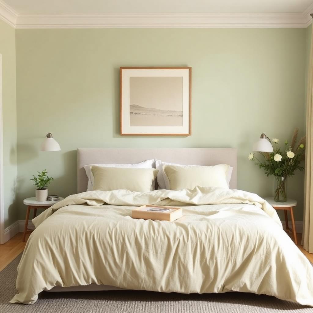 Bright small bedroom with sage green velvet headboard and woven wall hanging