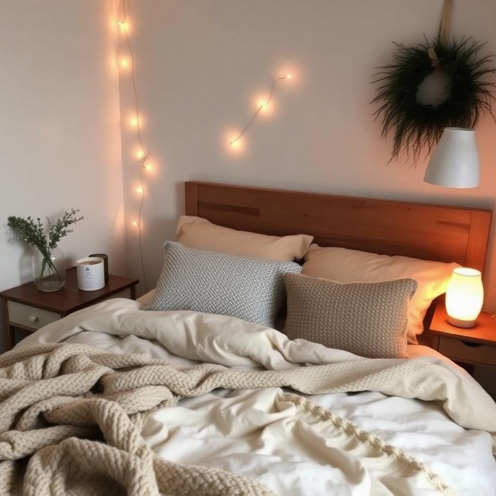 Bright small bedroom with sage green velvet headboard and woven wall hanging