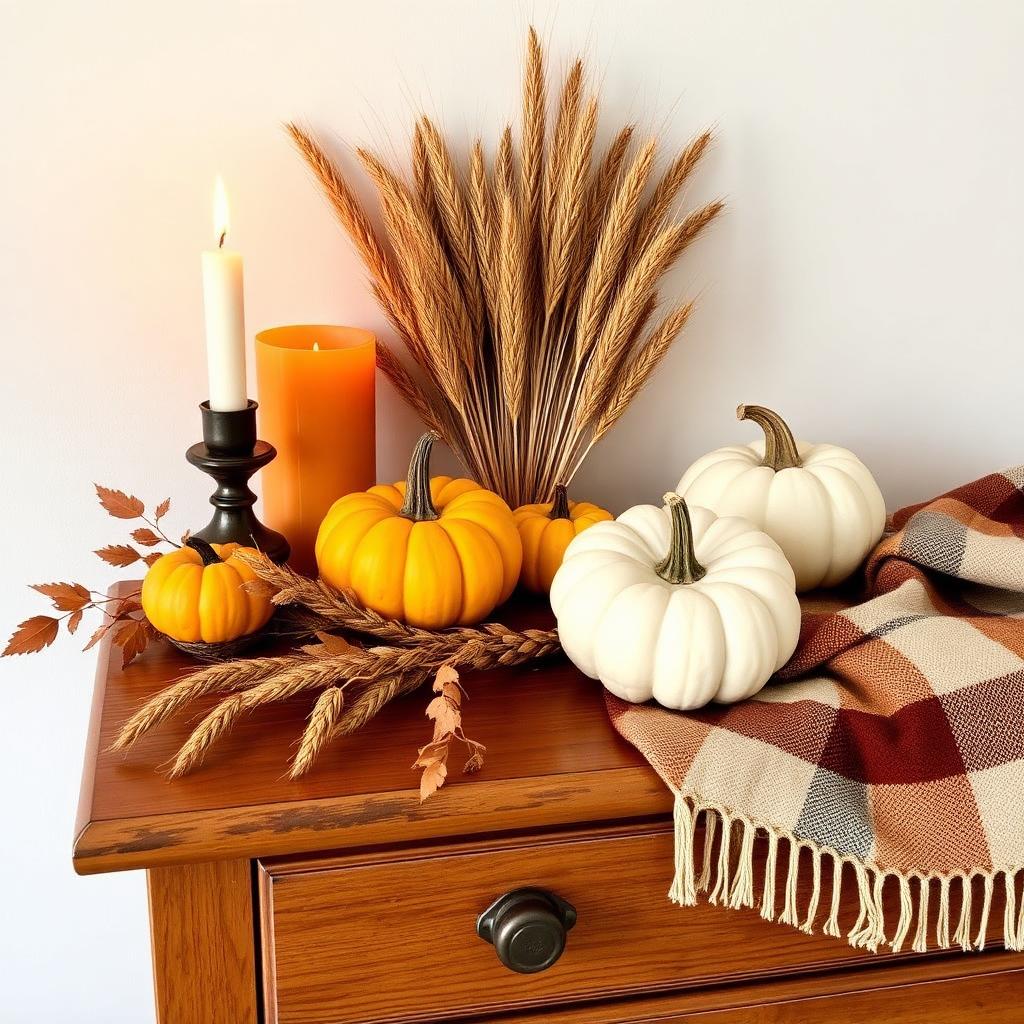 Cozy bedroom corner with warm string lights, chunky knit blanket and a candle