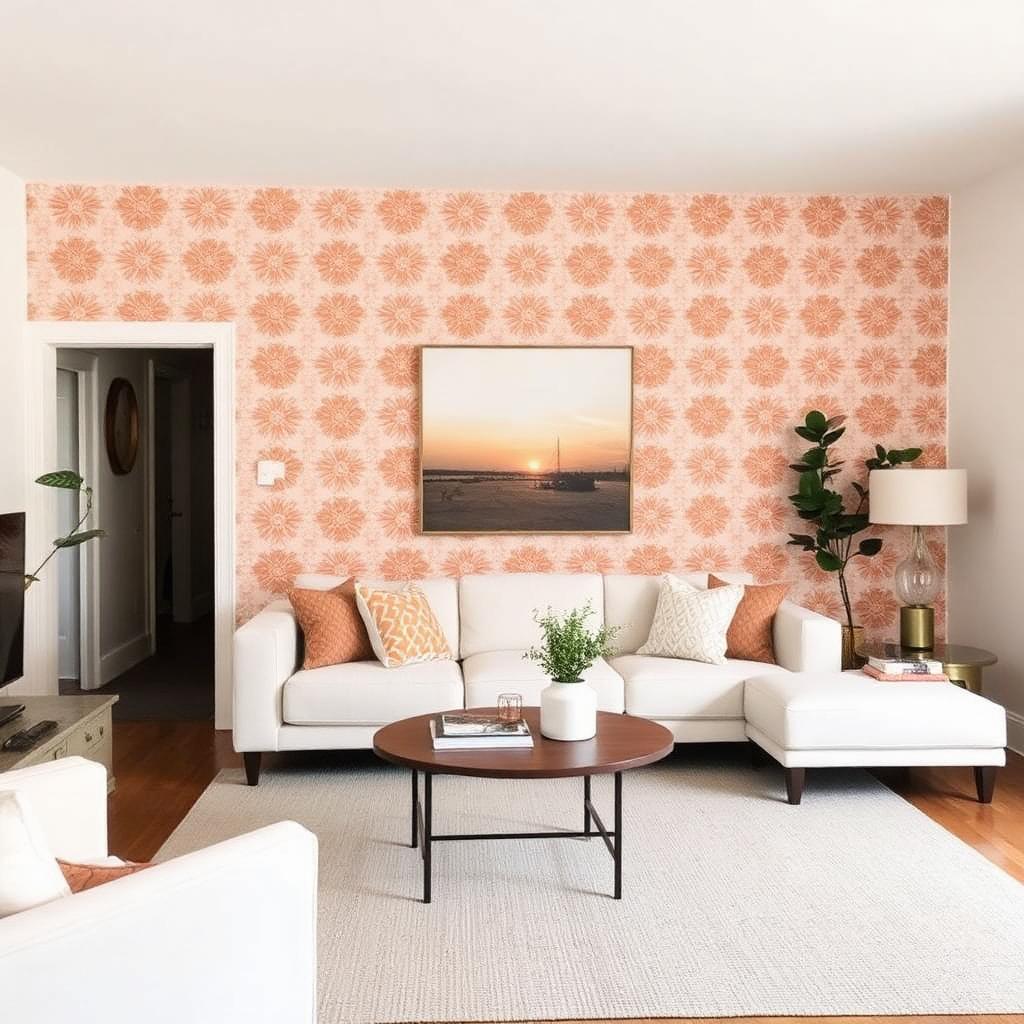 Neutral cozy living room with cream sofa, jute rug, terracotta vase and gallery wall