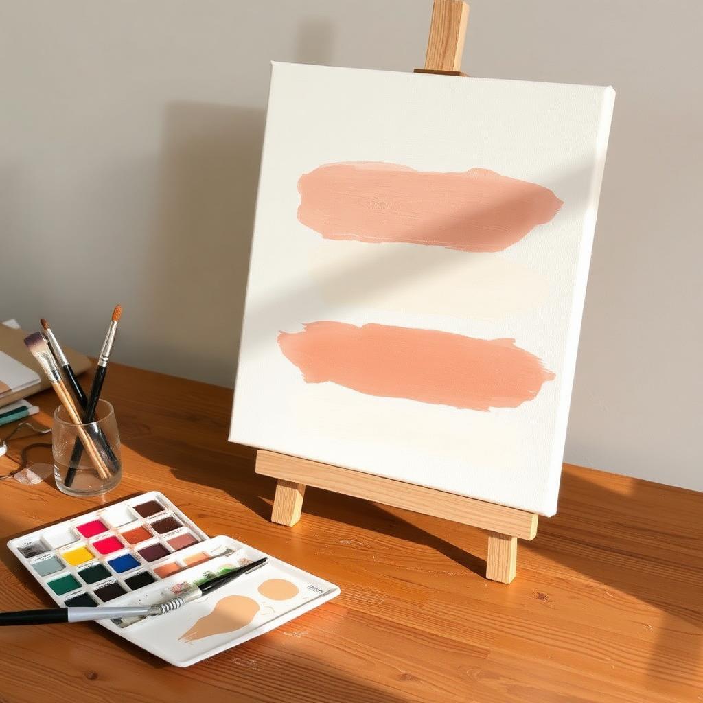 Hands painting abstract terracotta and sage canvas on a wooden table with paint pots