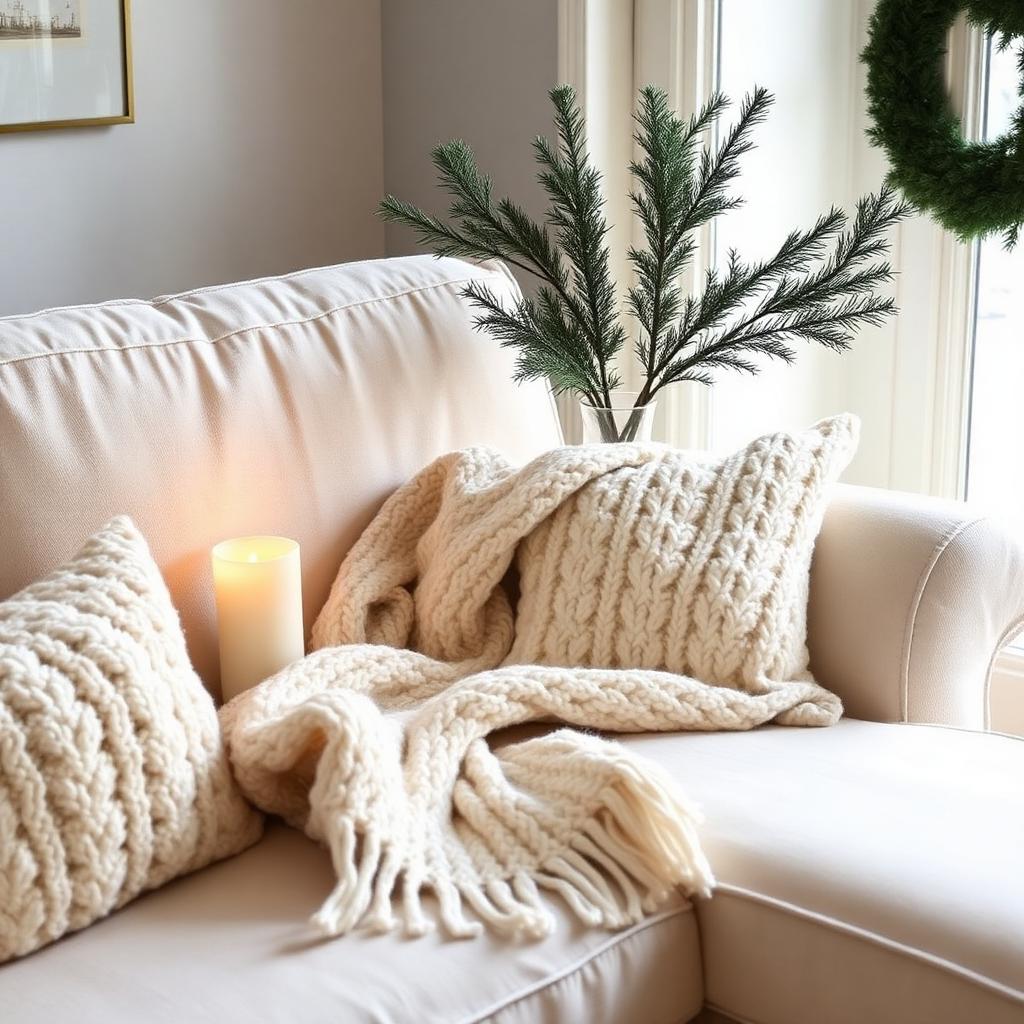 Cozy bedroom corner with warm string lights, chunky knit blanket and a candle