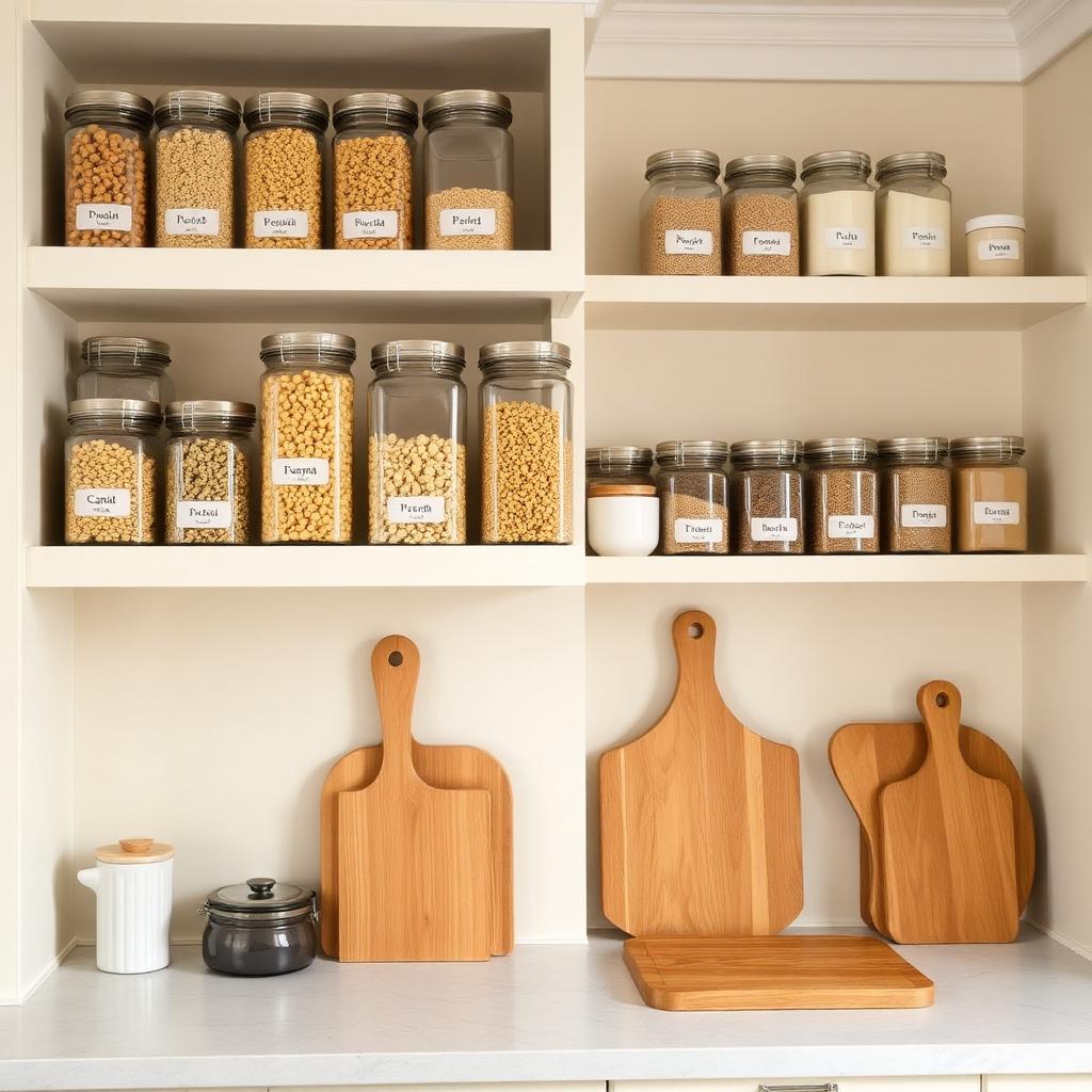 Organized kitchen pantry with glass jars, woven baskets and sage green cabinets