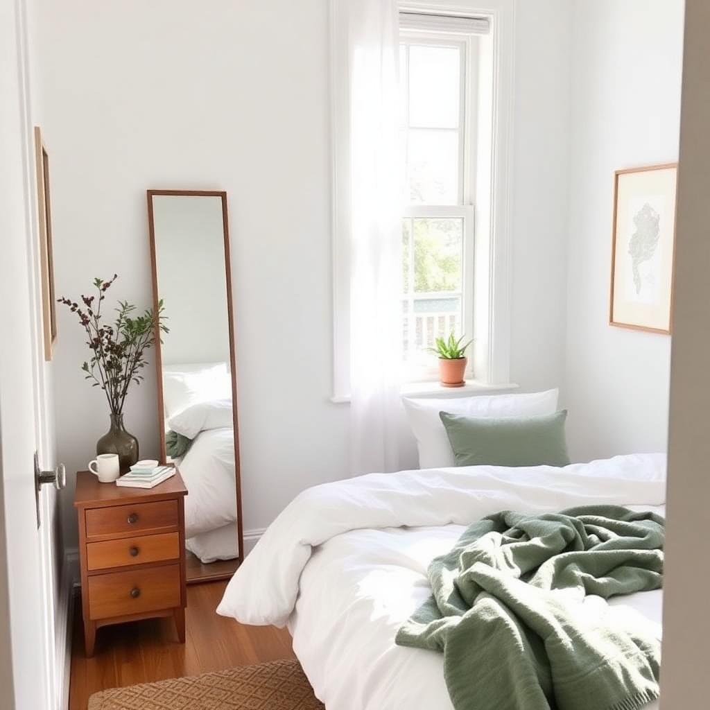 Bright small bedroom with sage green velvet headboard and woven wall hanging