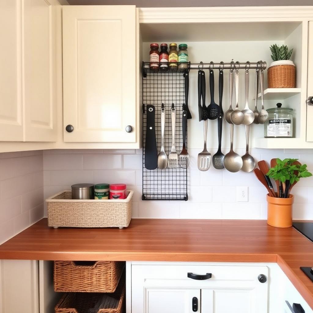 Organized kitchen pantry with glass jars, woven baskets and sage green cabinets