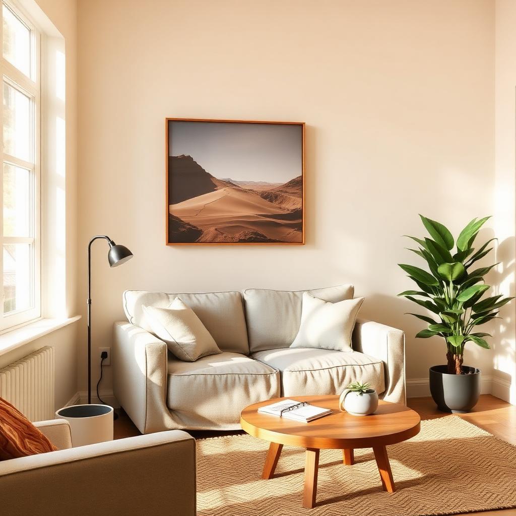 Neutral cozy living room with cream sofa, jute rug, terracotta vase and gallery wall